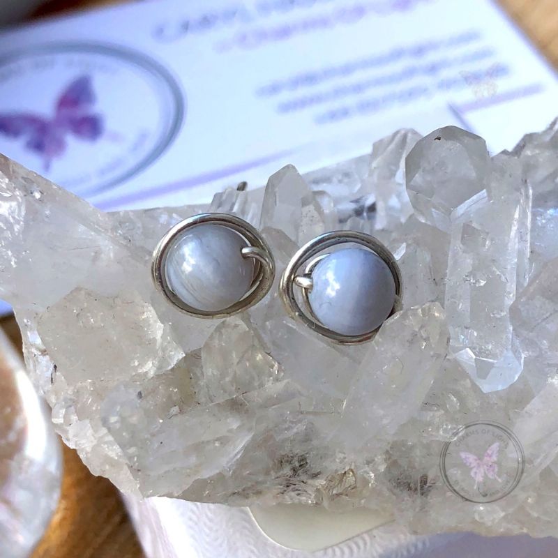 Blue Lace Agate Silver Wire Wrap Stud Earrings